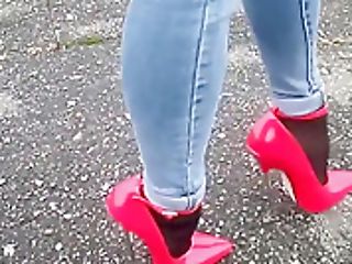Ambling In Extreme High-heeled Shoes And Jeans